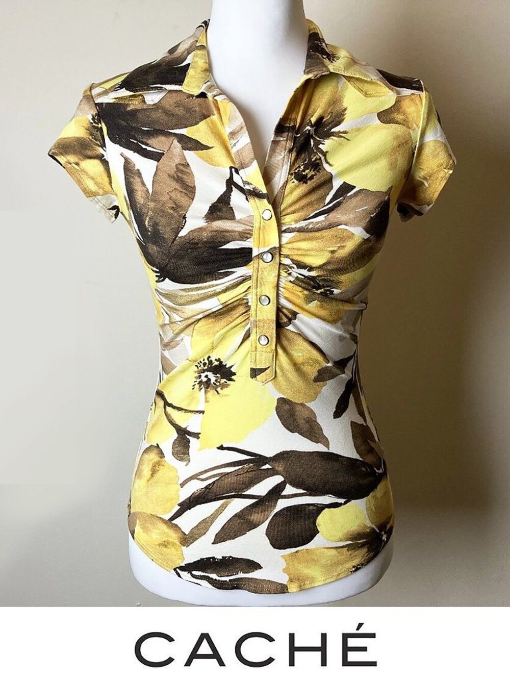 Cache Yellow & Brown Floral Button-Down Shirt Sleeve Collared Top | Size S | EUC